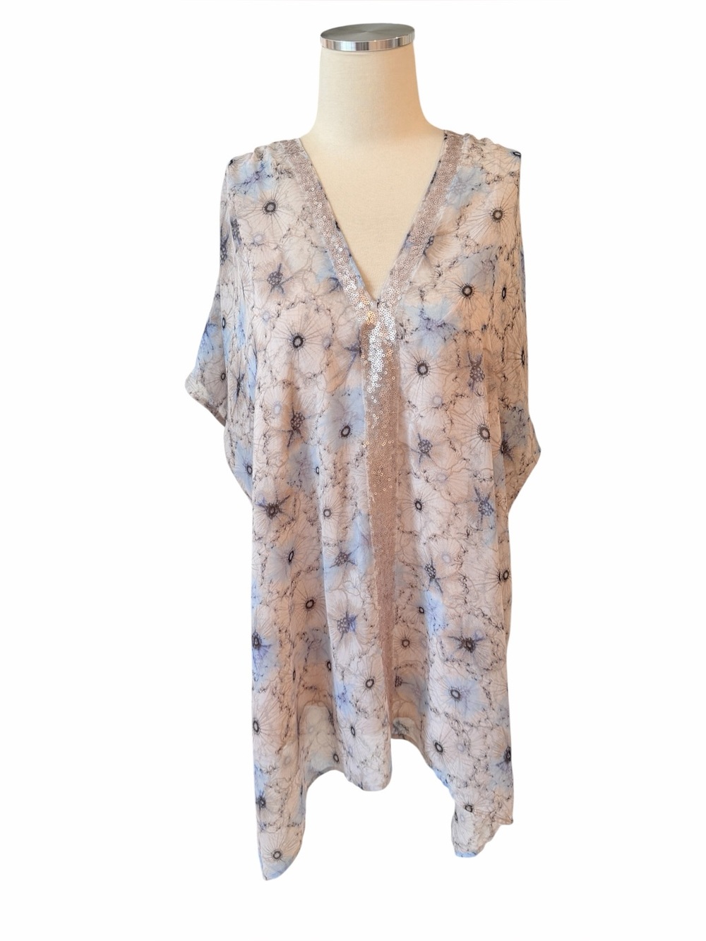 ANTHRO One September Sheer Floral Print Dress w/Nude Slip & Sequin Detail Sz M